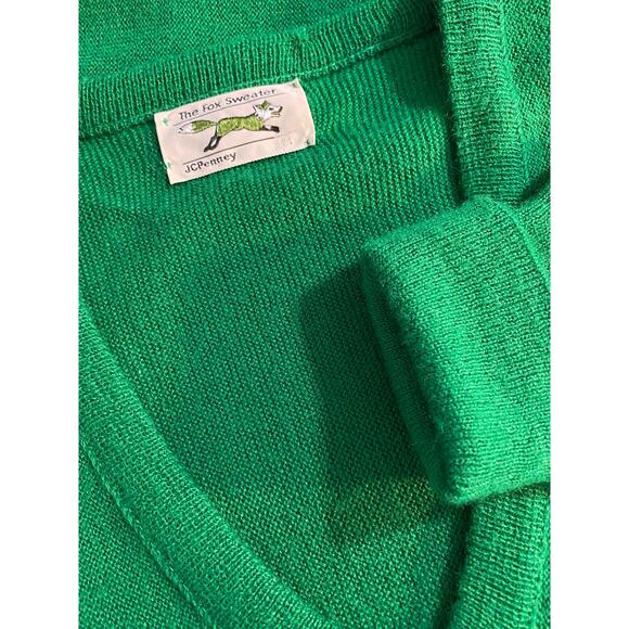 VINTAGE 70s THE FOX SWEATER Kelly Green Vneck MEDIUM Grandpacore Academia Prep - Picture 5 of 6